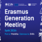 Banner for Erasmus Generation Meeting Split 2026, themed "Port of Mobility, Gateway to Skills", co-organised by ESN, the European Union, and the University of Split. Blue background with hand-drawn doodles of coastal icons.