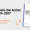 On a light grey textured background, large black text on the left reads “ESN unveils the Action Plan 2026–2027,” with orange italic text below stating “Erasmus Student Network’s Action Plan 2026–2027.” On the right, a tilted image of the Action Plan 2026–2027 booklet cover is displayed, featuring the ESN logo and title. Decorative orange doodles and accents surround the booklet, with a vertical blue bar along the left edge of the graphic.
