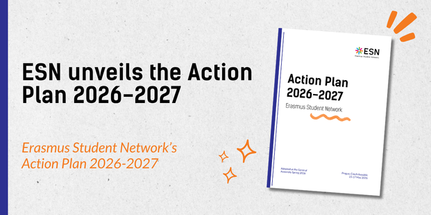 On a light grey textured background, large black text on the left reads “ESN unveils the Action Plan 2026–2027,” with orange italic text below stating “Erasmus Student Network’s Action Plan 2026–2027.” On the right, a tilted image of the Action Plan 2026–2027 booklet cover is displayed, featuring the ESN logo and title. Decorative orange doodles and accents surround the booklet, with a vertical blue bar along the left edge of the graphic.
